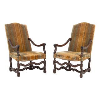 Louis XIII Walnut and Velvet Upholstery Fauteuils, 17th Century, Pair For Sale