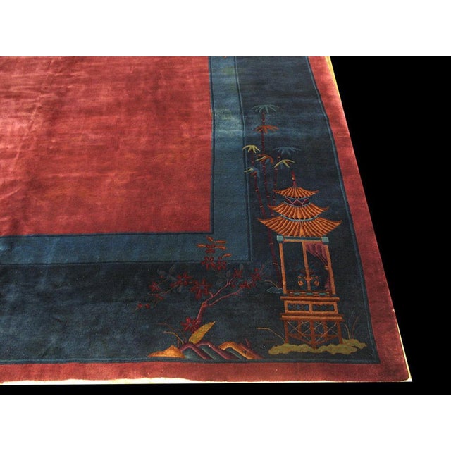 Early 20th Century 1920s Red Raspebery Floral Antique Chinese Art Deco Rug 9'4" X 11'4" Hand Knotted Wool Carpet For Sale - Image 5 of 6
