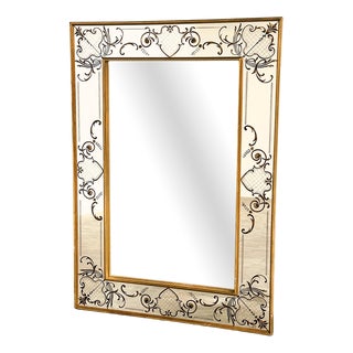 Large Vintage French Bistro Mirror with Hand-Painted Decoration and Gilt Frame For Sale
