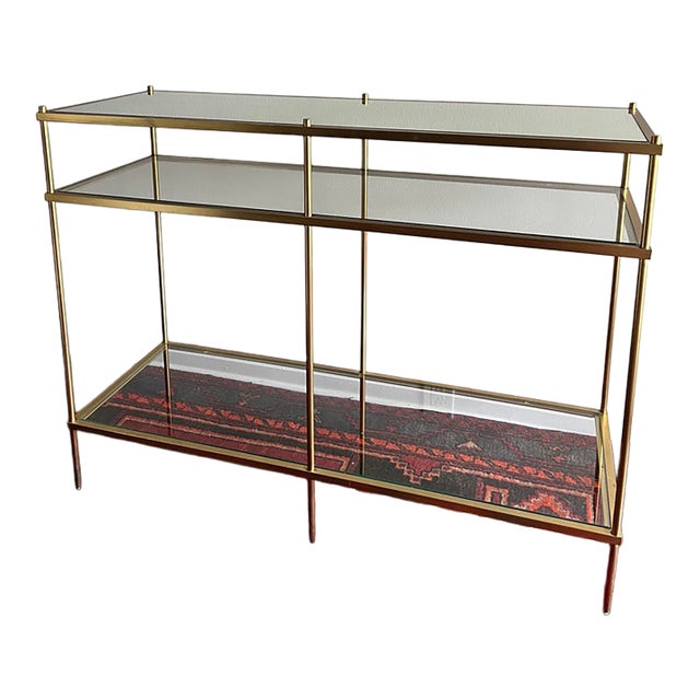 1990s Williams Sonoma Home Terrace Brass & Glass Console Table For Sale