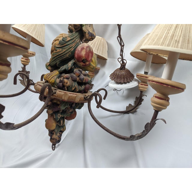 Wood Vintage Italianate Polychrome Carved Wood Fruit & Iron 6-Light Chandelier For Sale - Image 7 of 15