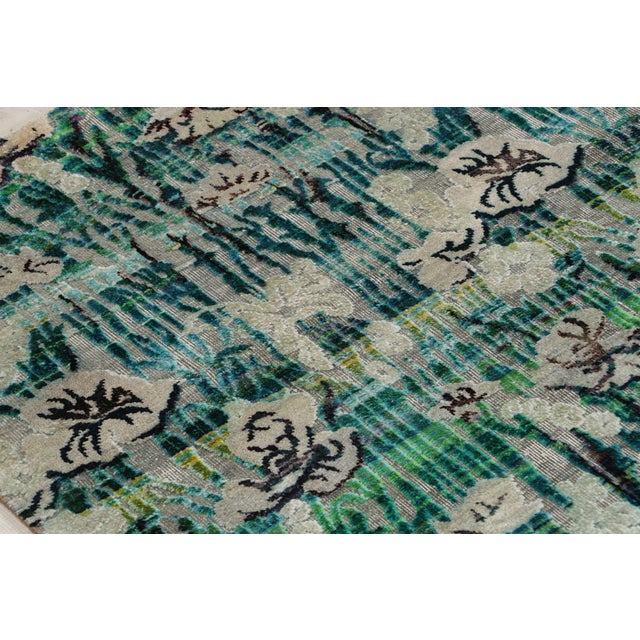 2010s Modern Hand-Knotted Silk Floral Rug Green Blue and Gray Pattern For Sale - Image 5 of 9