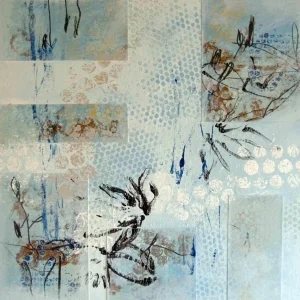 "Effloresce 2" Abstract Acrylic and Mixed-Media Collage Painting on Board Attached to Canvas