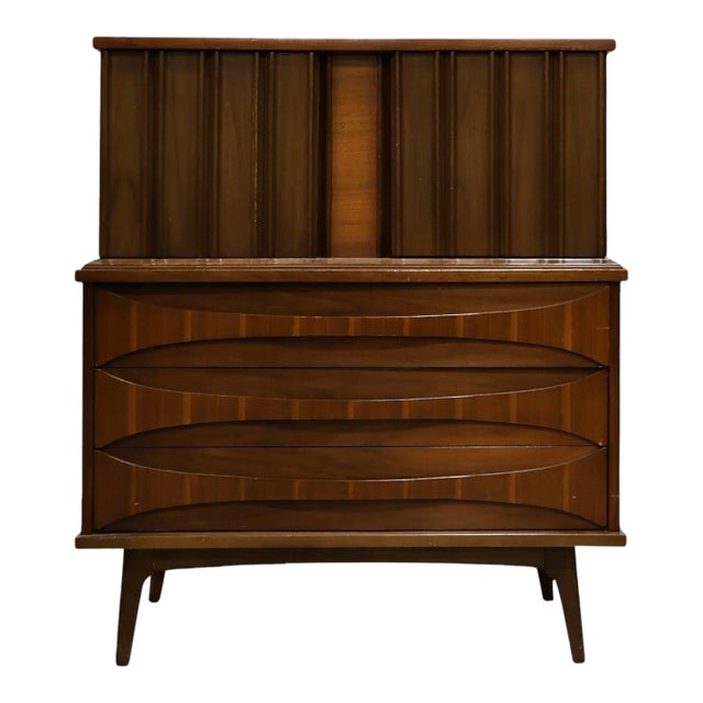 United Furniture Vintage Mid Century Modern Curved Highboy Dresser C. 1960s, Attributed For Sale