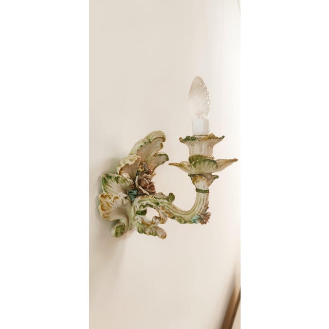 White Ceramic Wall Light Decorated with Flowers with Fabric Fan For Sale - Image 8 of 18