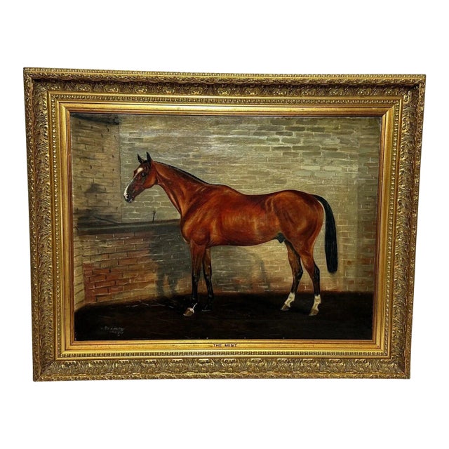 British Antique Oil Painting in the Manner of Sir Alfred Munnings C1912 Equine Portrait the Mint Chestnut Thoroughbred Stallion in Stable For Sale