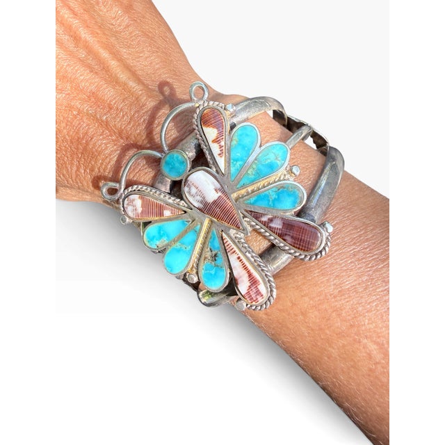 Vintage Navajo Style Sterling Silver Turquoise & Spiny Oyster Butterfly Cuff Bracelet For Sale - Image 12 of 12