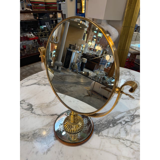 Wood Vintage Brass Vanity Mirror With Etched Glass Base and Wood Trim For Sale - Image 7 of 10