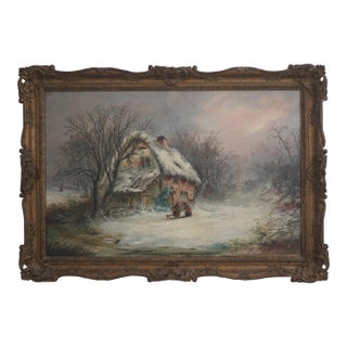 Vintage Oil Painting of House/Cottage in Winter For Sale