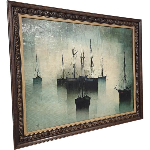 Atmospheric French modern harbor scene oil painting from the 1960s depicting sailboats moored in a misty port, rendered in...