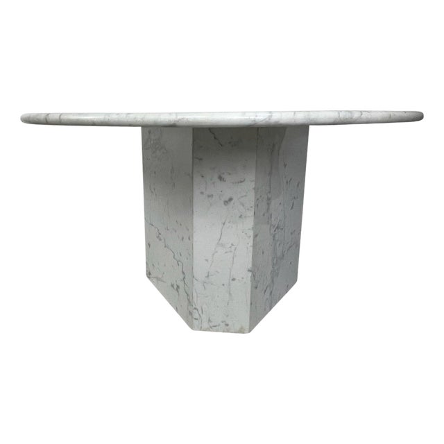 Early 20th Century White Carrara Marble Round Table with 3-Sided Polygon Base For Sale
