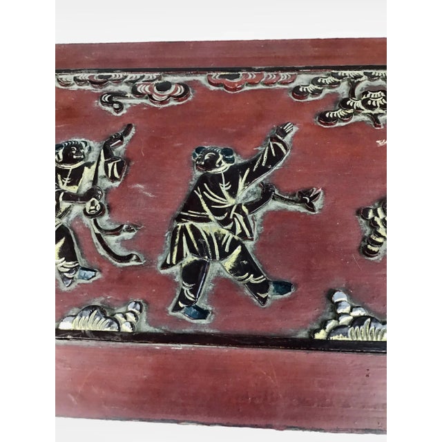 Antique Carved Wood Gold Relief Chinese Wall Panel For Sale - Image 4 of 10