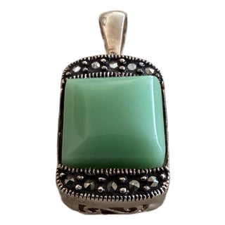 Art Deco Style Rectangular Sterling Silver Pendant With Green Gemstone Surrounded by Marcasite For Sale