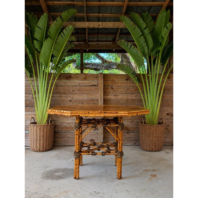Vintage Coastal Tortoise Bamboo Octagonal Dining Table With Decoupage Floral Top For Sale - Image 12 of 12