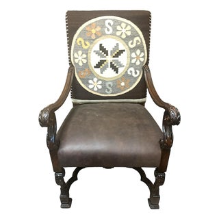 Antique Hacienda Chair Upholstered With Vintage Zapotec Tapestry From Oaxaca and New Leather For Sale