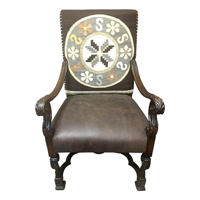 Antique Hacienda Chair Upholstered With Vintage Zapotec Tapestry From Oaxaca and New Leather For Sale