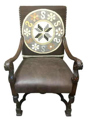 Antique Hacienda Chair Upholstered With Vintage Zapotec Tapestry From Oaxaca and New Leather