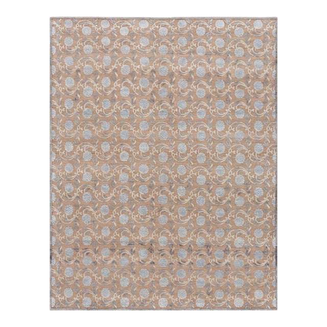 Rug & Kilim’s Modern Block Print Rug in Brown and Blue with Floral Patterns - 5x8 For Sale