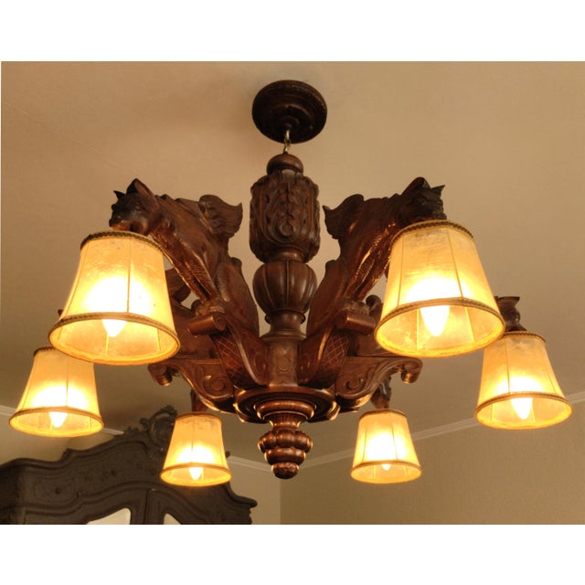 Brown Antique Black Forest Gothic Revival Carved Wood Chandelier with Gargoyles and Mascarons, 1940s For Sale - Image 8 of 17