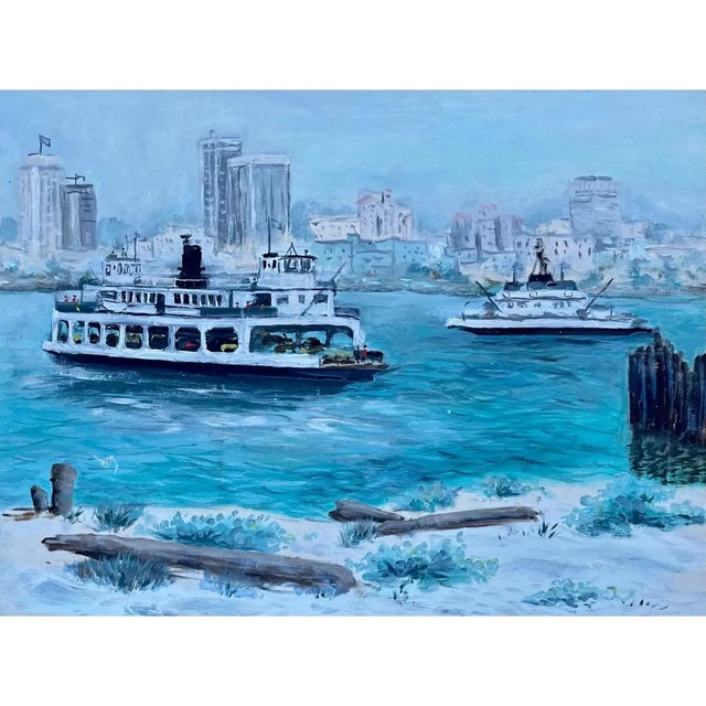Nautical Mid-Century San Diego Waterfront Oil Painting of Coronado Ferryboat, Signed & Framed Vintage Art For Sale - Image 3 of 9