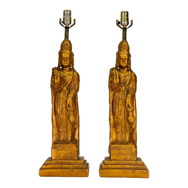 1960s Westwood Tony Paul Hollywood Regency Quan Yin Buddha Lamp Gold Gilt - A Pair For Sale