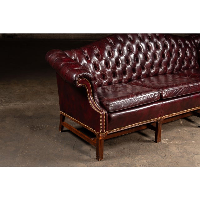 Animal Skin Vintage Chippendale-Style Camelback Chesterfield Leather Sofa in Oxblood For Sale - Image 7 of 12