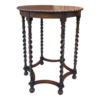 Antique English Oak End Table Round Barley Twist Pie Crust Edge Side Table For Sale