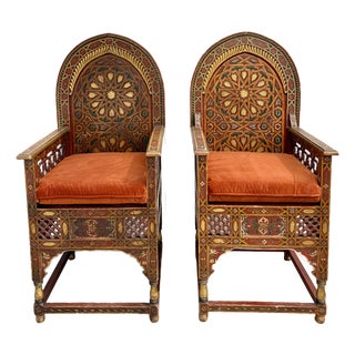 Vintage Moroccan Hand-Painted Carved Wood Throne Chairs - Pair For Sale
