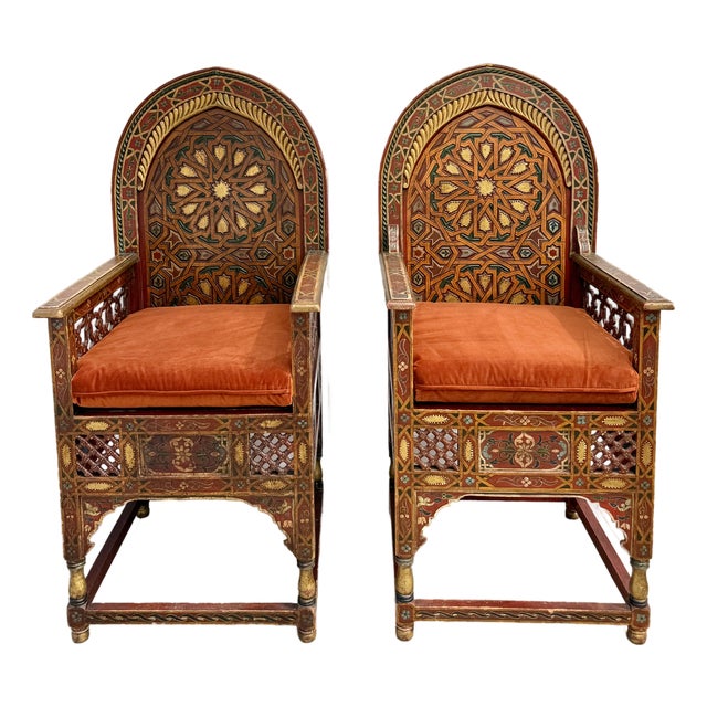 Vintage Moroccan Hand-Painted Carved Wood Throne Chairs - Pair For Sale