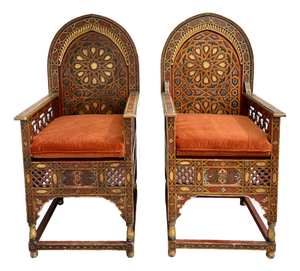 Vintage Moroccan Hand-Painted Carved Wood Throne Chairs - Pair