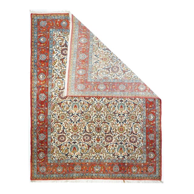 A repeating pattern of curving and spiral vines, navy forked leaves, and a variety of medium-sized palmettes is Neatly...