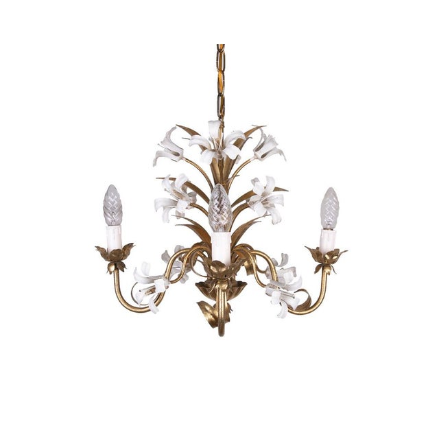 Gold Gilt Chandeliers with White Enamel Lily Flowers, 1950s For Sale - Image 8 of 8