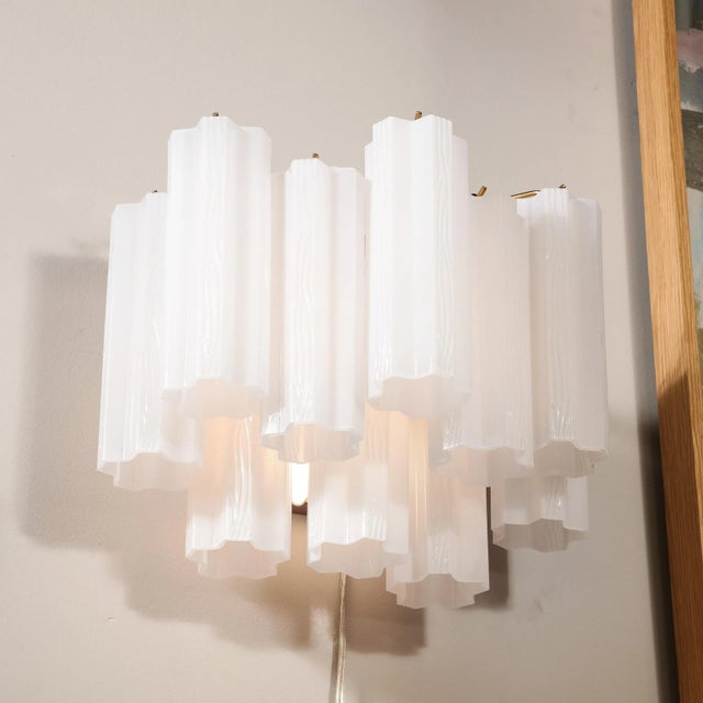 Pair of Mid-Century Modernist Opaline Two-Tier Stepped Tronchi Sconces For Sale In New York - Image 6 of 12