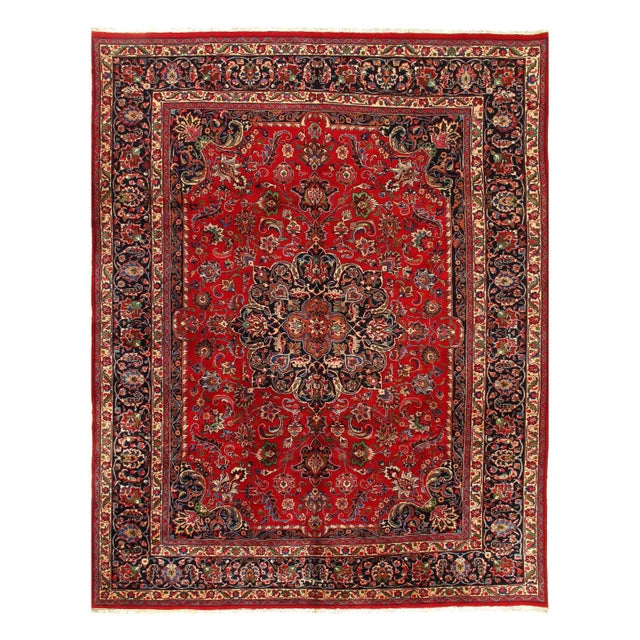 Red Semi Vintage Persian Hand Knotted Mashad 9'8'' X 12'6'' For Sale - Image 4 of 4