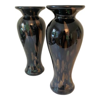Vintage Handcrafted Black and Iridescent Color Art Glass Vases, a Pair For Sale