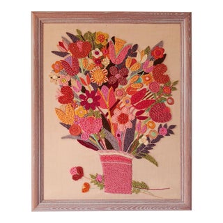 Floral Needlepoint Crewel Work Framed Fiber Art For Sale