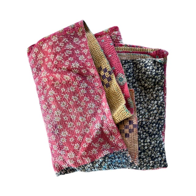 A vintage, Indian, hand-stitched kantha quilt coverlet textile, 99"x56 ".
