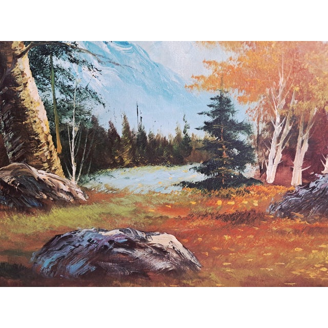 Large Vintage Woodland River Mountain Landscape, Oil Painting on Canvas, Gold Frame, Signed, 1980s For Sale - Image 15 of 18