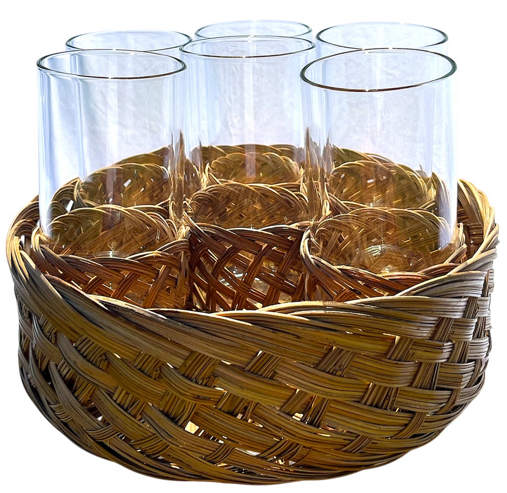 Basketweave Glasses - Etsy VINTAGE Set of 6 Drinking Goblets Basket Weave Wicker Glasses MCM display picture 1