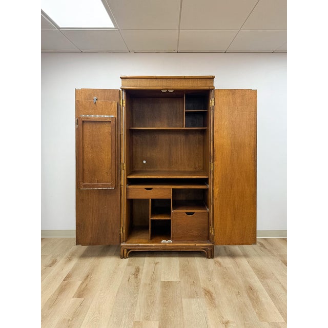 Brown Mid 20th Century Coastal Boho Faux Bamboo Wicker Rattan Armoire Wardrobe Combo With Foldout Desk For Sale - Image 8 of 15