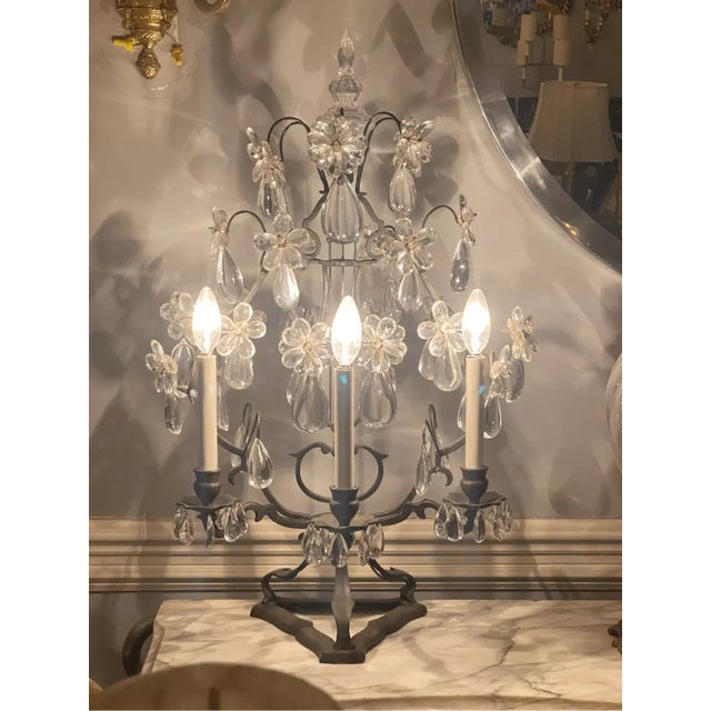 Metal Vintage French Girandole Wrought Iron Lamp With Floral Prisms For Sale - Image 7 of 7