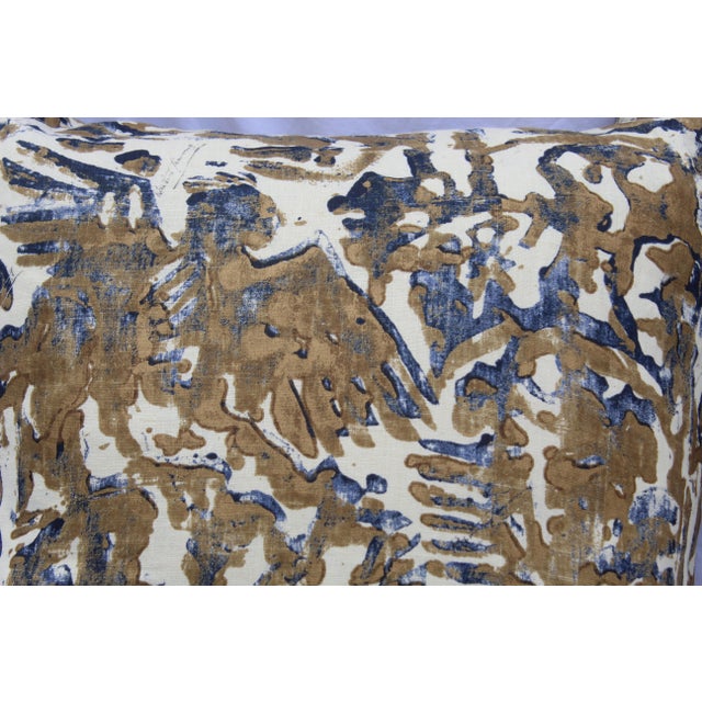 Contemporary Printed Linen Navy Blue and Bronze Down Pillows - a Pair For Sale - Image 9 of 12