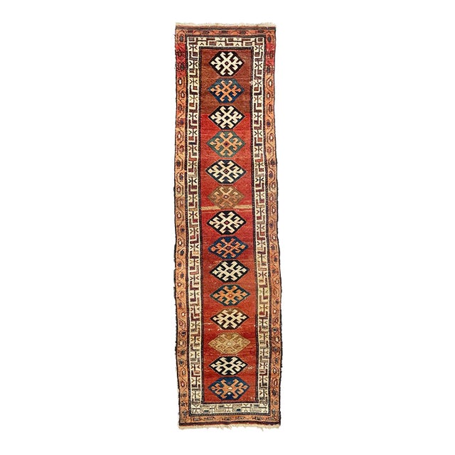 Antique Kurdish-Kazak Geometric Motifs Peacock Blue Rug 3.6 x 13 For Sale