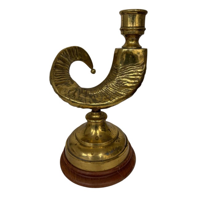 Vintage Brass Ram’s Horn Candleholder, Hollywood Regency, Lodge, Cabin, Farmhouse For Sale
