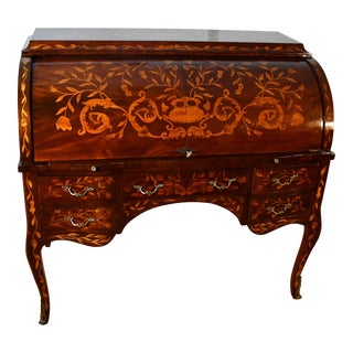 1930s Vintage Dutch Marquetry Style Mahogany & Satinwood Inlay Cylinder Roll-Top Desk For Sale