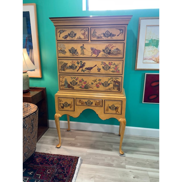 Ultra Rare Chinoiserie Hand Painted Highboy from Baker Furniture, this piece was part of a very small collection offered...