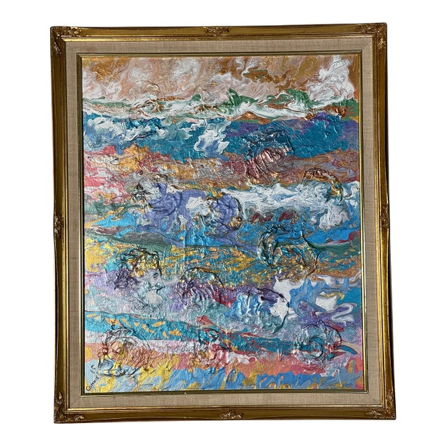 Abstract Vintage Painting on Canvas in Antique Frame For Sale