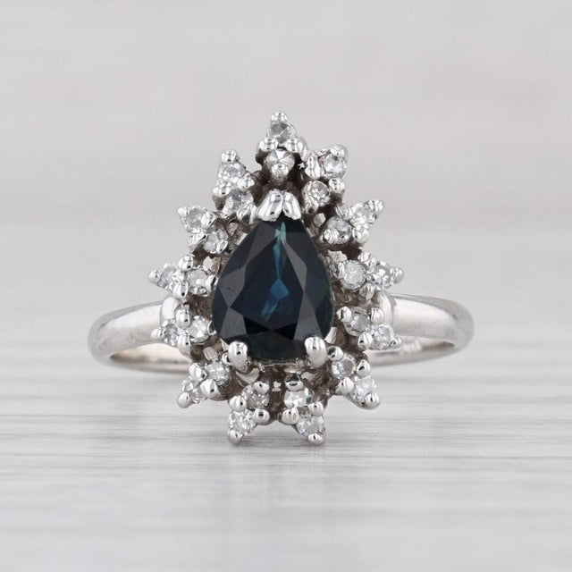 Metal 1.20ctw Pear Blue Sapphire Diamond Halo Ring 14k White Gold Engagement Size 6.5 For Sale - Image 7 of 8