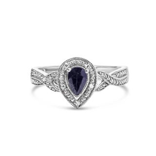 .925 Sterling Silver 6x4mm Pear Sapphire Gemstone with Diamond Accent Fashion Halo Ring (H-I Color, SI1-SI2 Clarity) - Size 7 For Sale