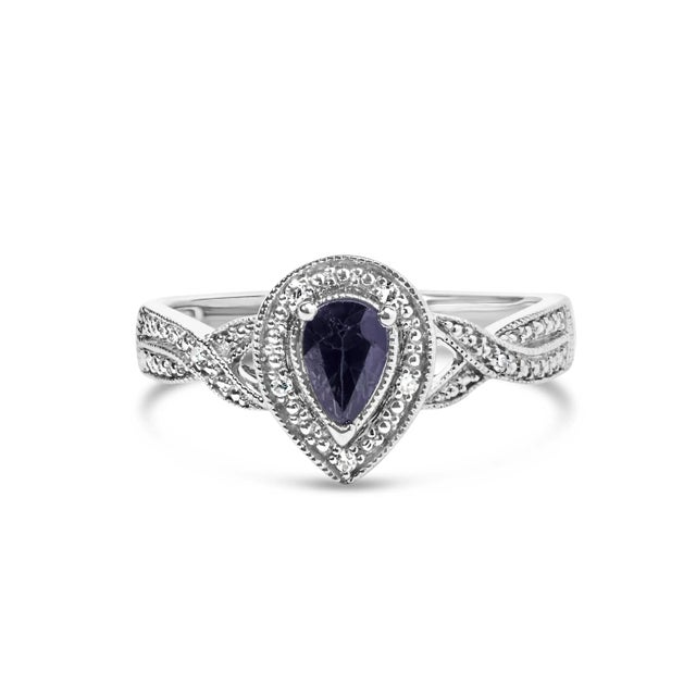 .925 Sterling Silver 6x4mm Pear Sapphire Gemstone with Diamond Accent Fashion Halo Ring (H-I Color, SI1-SI2 Clarity) - Size 7 For Sale